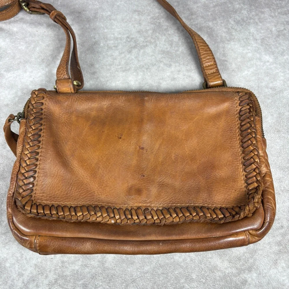 Leather Crossbody Bag Womens Small Brown Whipstitch Braided Boho RN 75343